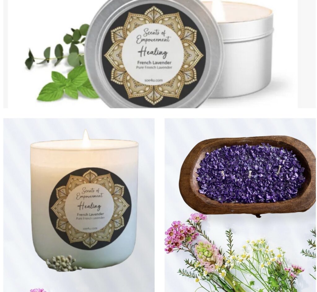 Healing Candles come in 3 sizes, 40z candle tins, 8oz glass jars, and 20oz canoes. 